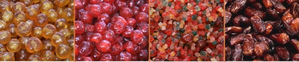 Baking fruit: Jumbo Gold French Glace Cherries, Jumbo Red French Glace Cherries, Rich Mixed Peel & Dates  distributed in bulk by Castle Snackfood Distribution Ltd, Ireland